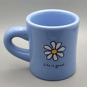 Life is Good Blue Stoneware Coffee Mug White Daisy 12oz Heavy Restaurant Style